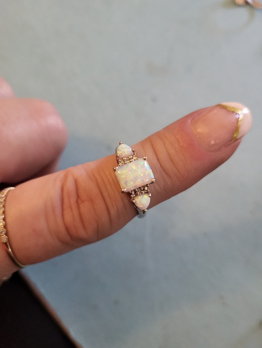 .925 Thailand Opal Triple-Stone with Diamond Accents Rong sz 6.75 #1188-10000